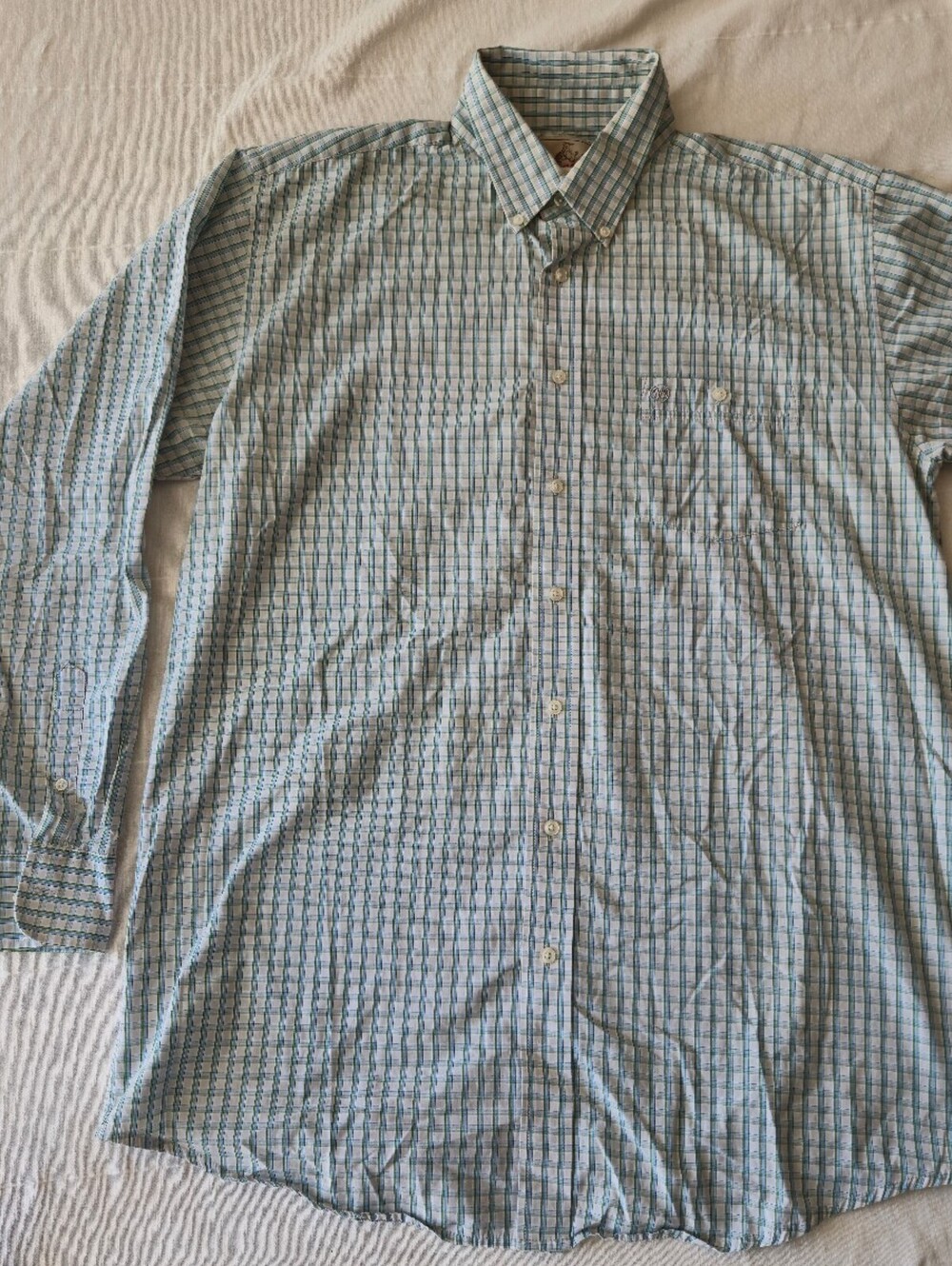 Wrangler Men's Long Sleeve Button-Down Shirt - Light Blue and Green Plaid